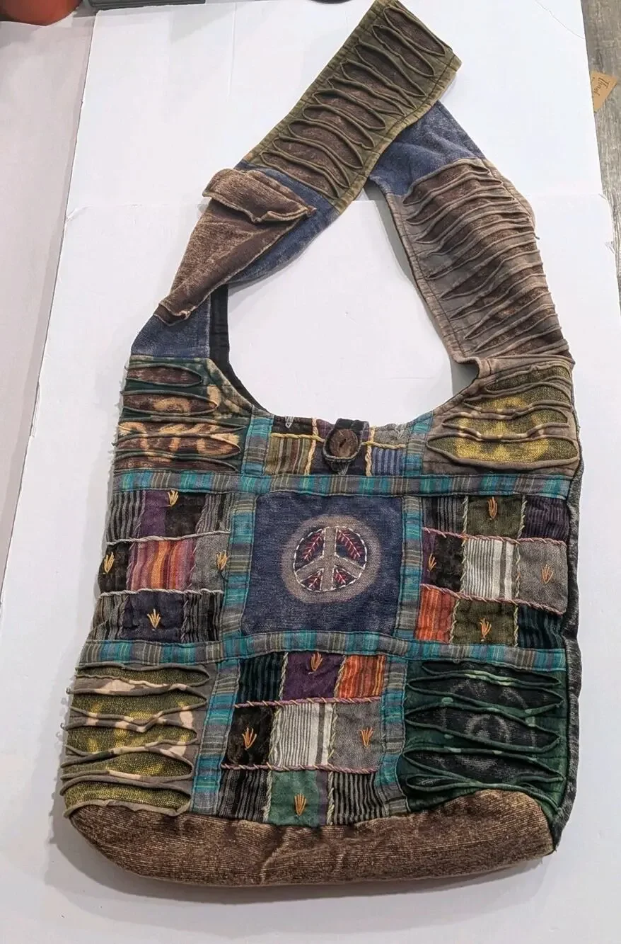 Rising International Sling Hobo Bag Boho Hippie Patchwork Peace Sign Razor Cut